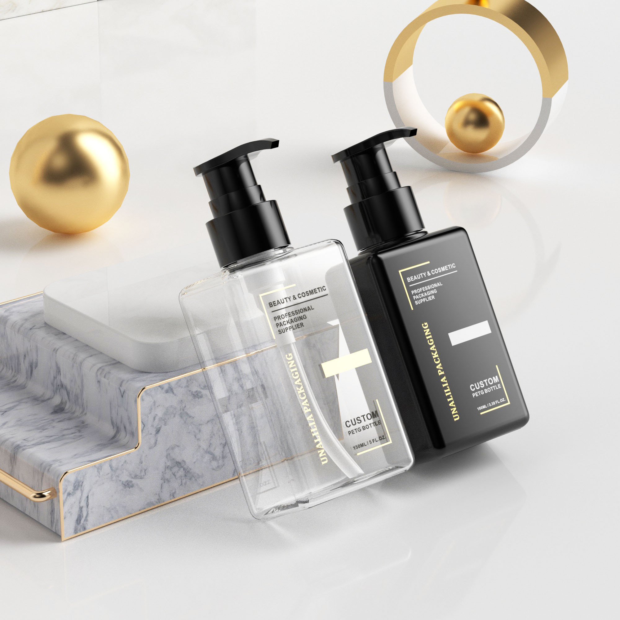 100ml 150ml Luxury PETG Plastic Black Square Flat Pump Bottles for Body Wash Lotion Skincare Cream Cosmetic Packaging