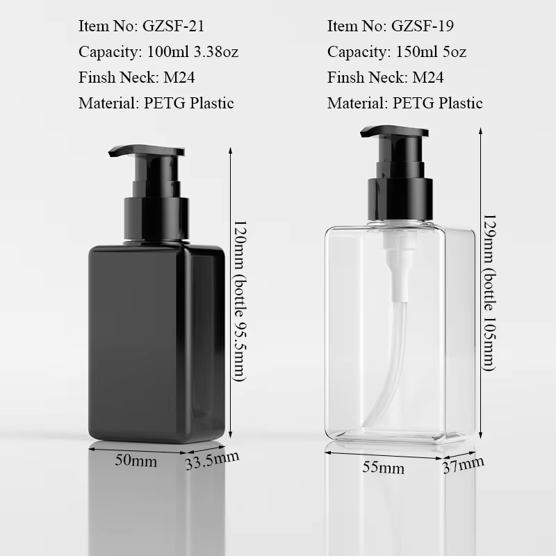 100ml 150ml Luxury PETG Plastic Black Square Flat Pump Bottles for Body Wash Lotion Skincare Cream Cosmetic Packaging