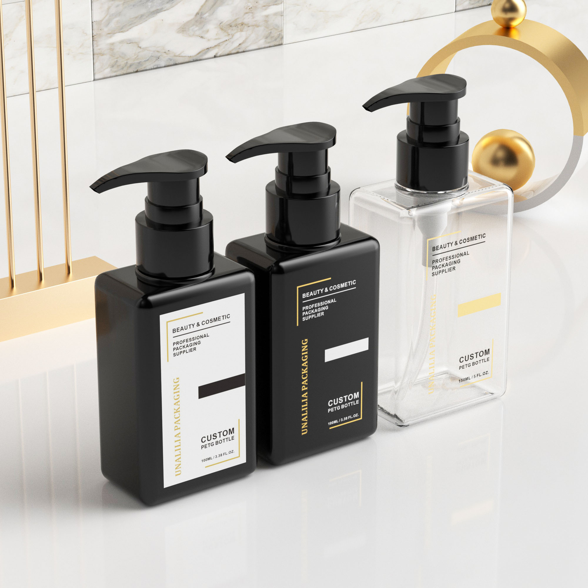 100ml 150ml Luxury PETG Plastic Black Square Flat Pump Bottles for Body Wash Lotion Skincare Cream Cosmetic Packaging