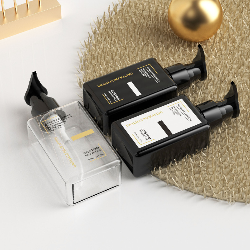 100ml 150ml Luxury PETG Plastic Black Square Flat Pump Bottles for Body Wash Lotion Skincare Cream Cosmetic Packaging