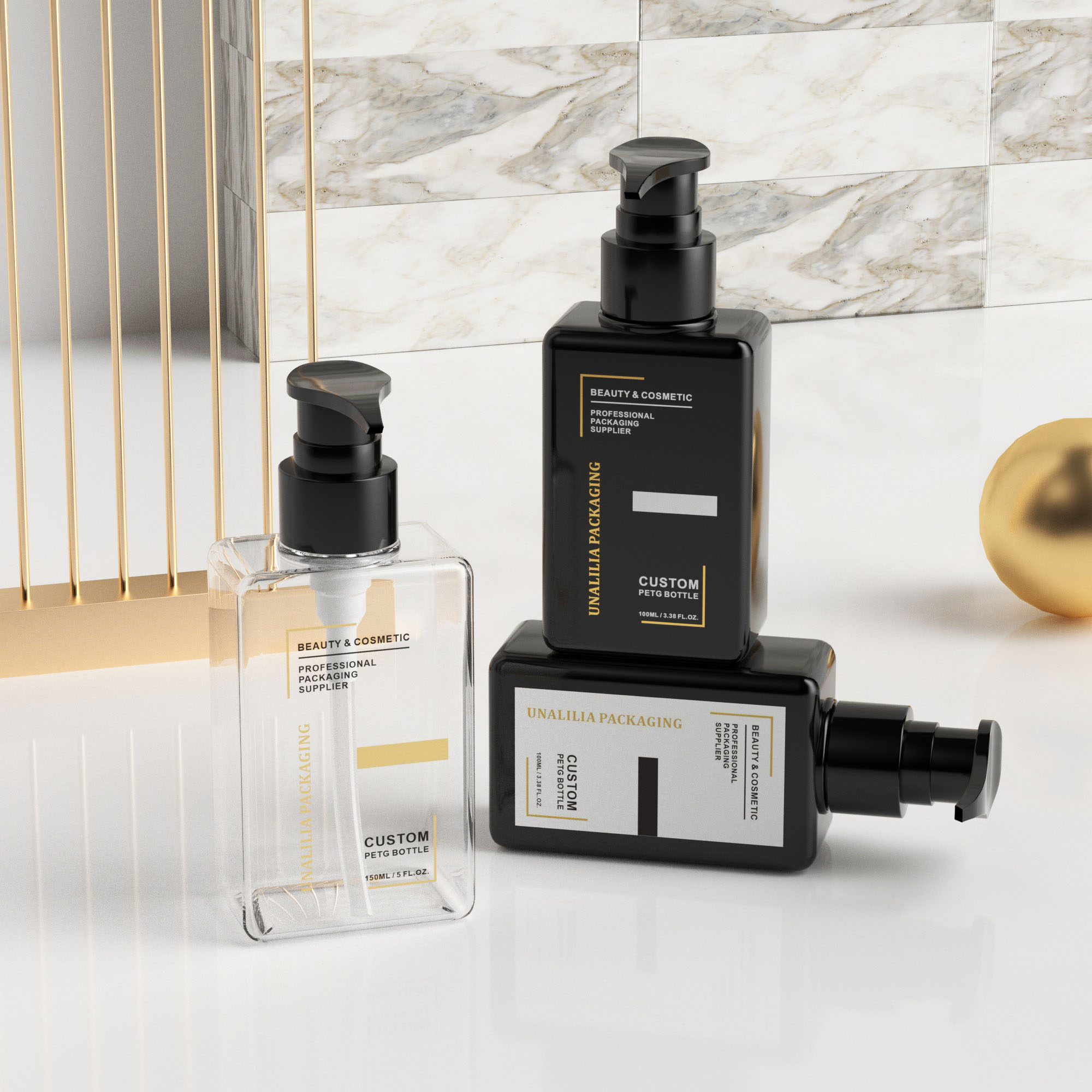 100ml 150ml Luxury PETG Plastic Black Square Flat Pump Bottles for Body Wash Lotion Skincare Cream Cosmetic Packaging