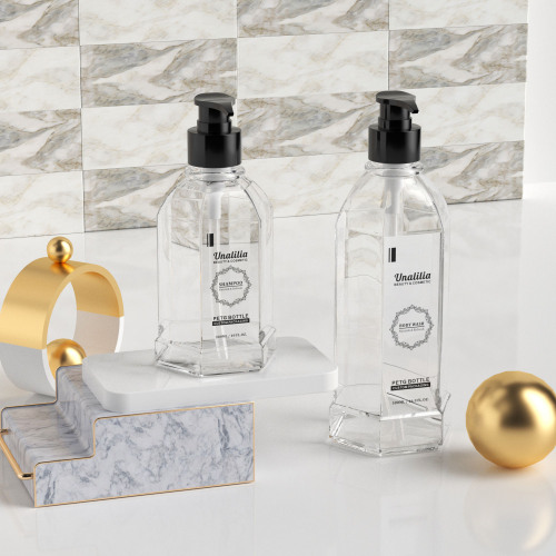 300ml 500ml Clear PETG Plastic Hexagon Bottles with Pump for Shampoo Hair Conditioner Body Wash Custom Packaging Wholesale