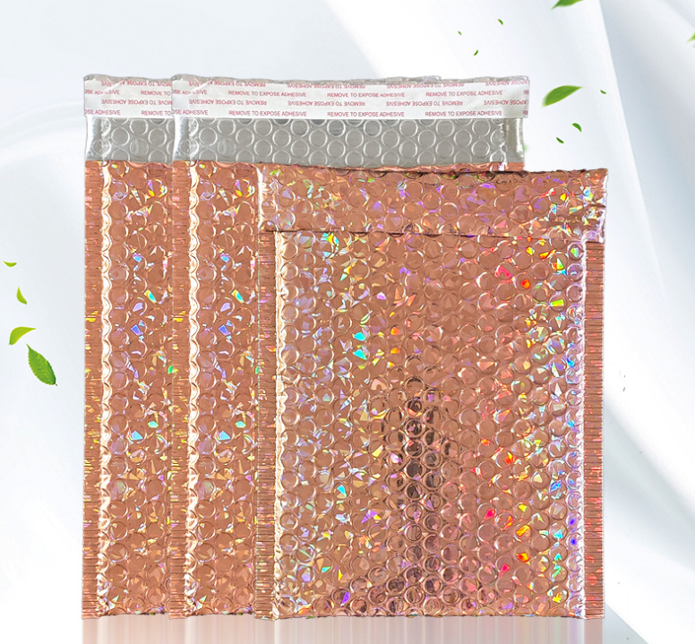Rose Gold Laser Film Self-Seal Bubble Mailers Bags for E-Commerce Clothing Packaging, Express Shipping Bags