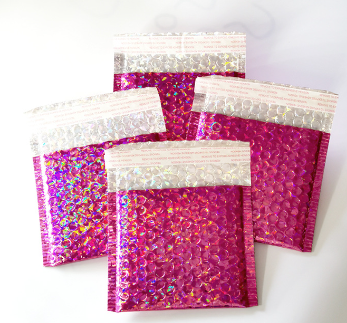 Rose Red Laser Foil Film Bubble Mailers, Thickened Plastic Shockproof Courier Bags, Small Foam Padded Envelopes for E-Commerce Packaging