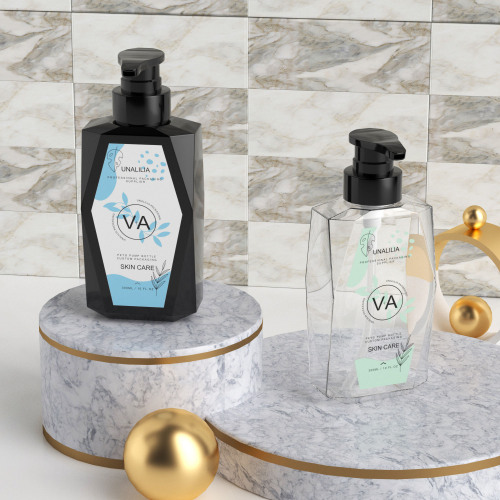 Custom 300ml 10oz Luxury Clear Black PETG Plastic Flat Pump Bottles for Lotion Shampoo Body Wash Hand Soap Cosmetic Packaging