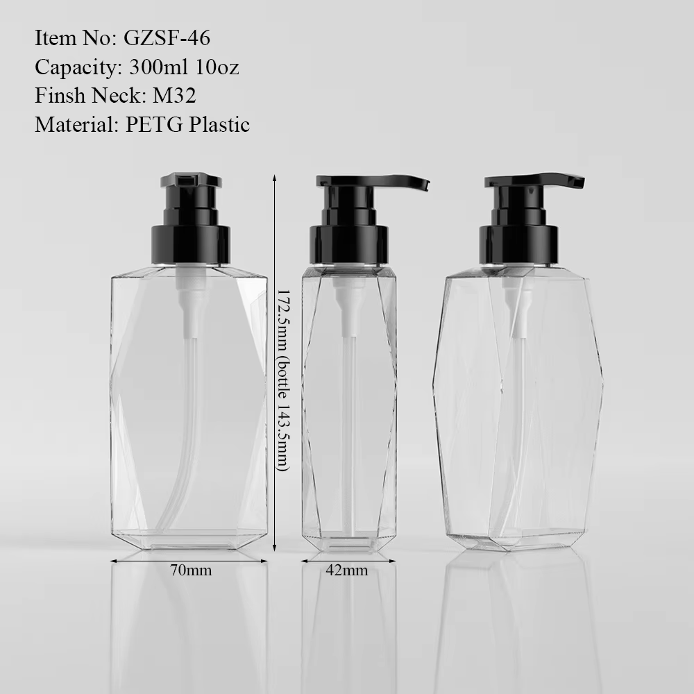 Custom 300ml 10oz Luxury Clear Black PETG Plastic Flat Pump Bottles for Lotion Shampoo Body Wash Hand Soap Cosmetic Packaging