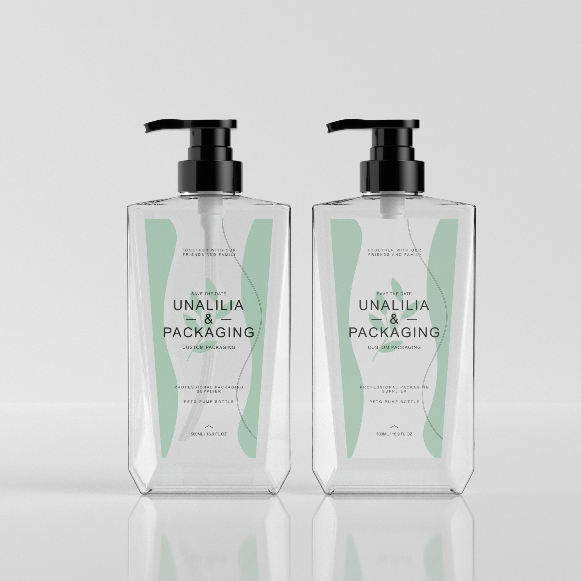 500ml 16.9oz Luxury Clear PETG Plastic Flat Pump Bottles for Shampoo Body Wash Hand Soap Cosmetic Packaging