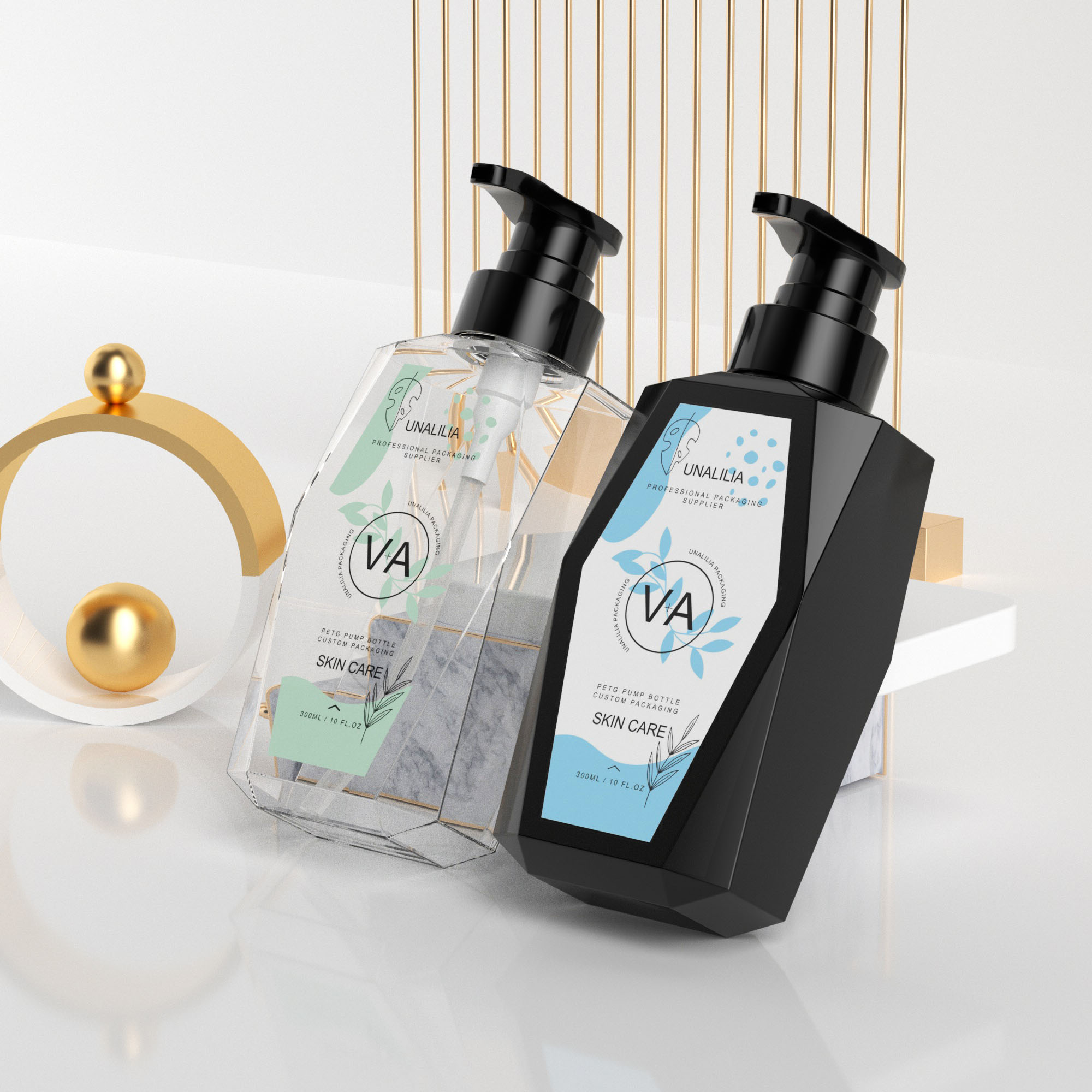 Custom 300ml 10oz Luxury Clear Black PETG Plastic Flat Pump Bottles for Lotion Shampoo Body Wash Hand Soap Cosmetic Packaging