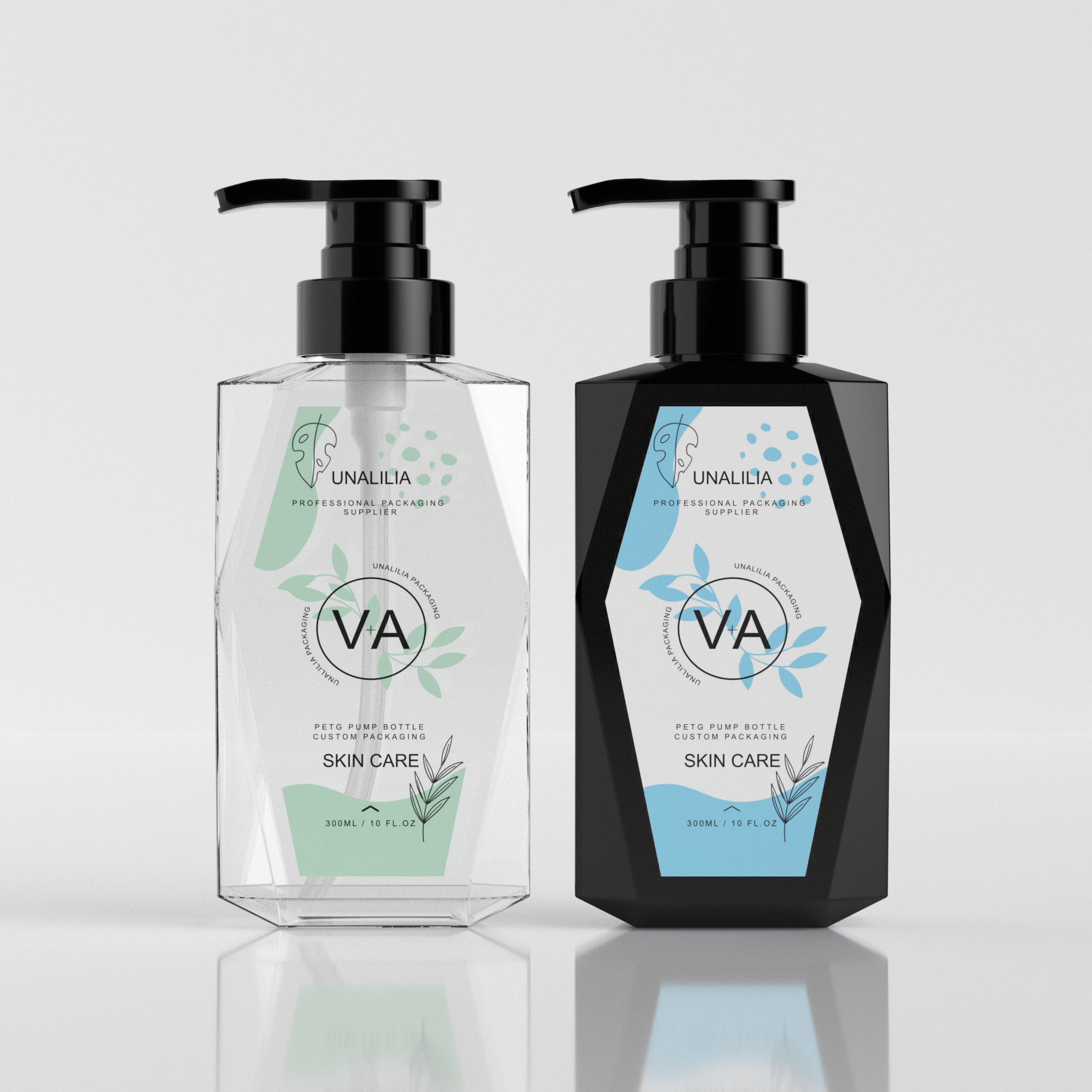 Custom 300ml 10oz Luxury Clear Black PETG Plastic Flat Pump Bottles for Lotion Shampoo Body Wash Hand Soap Cosmetic Packaging
