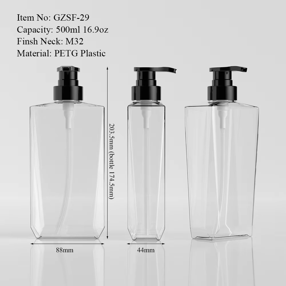 500ml 16.9oz Luxury Clear PETG Plastic Flat Pump Bottles for Shampoo Body Wash Hand Soap Cosmetic Packaging