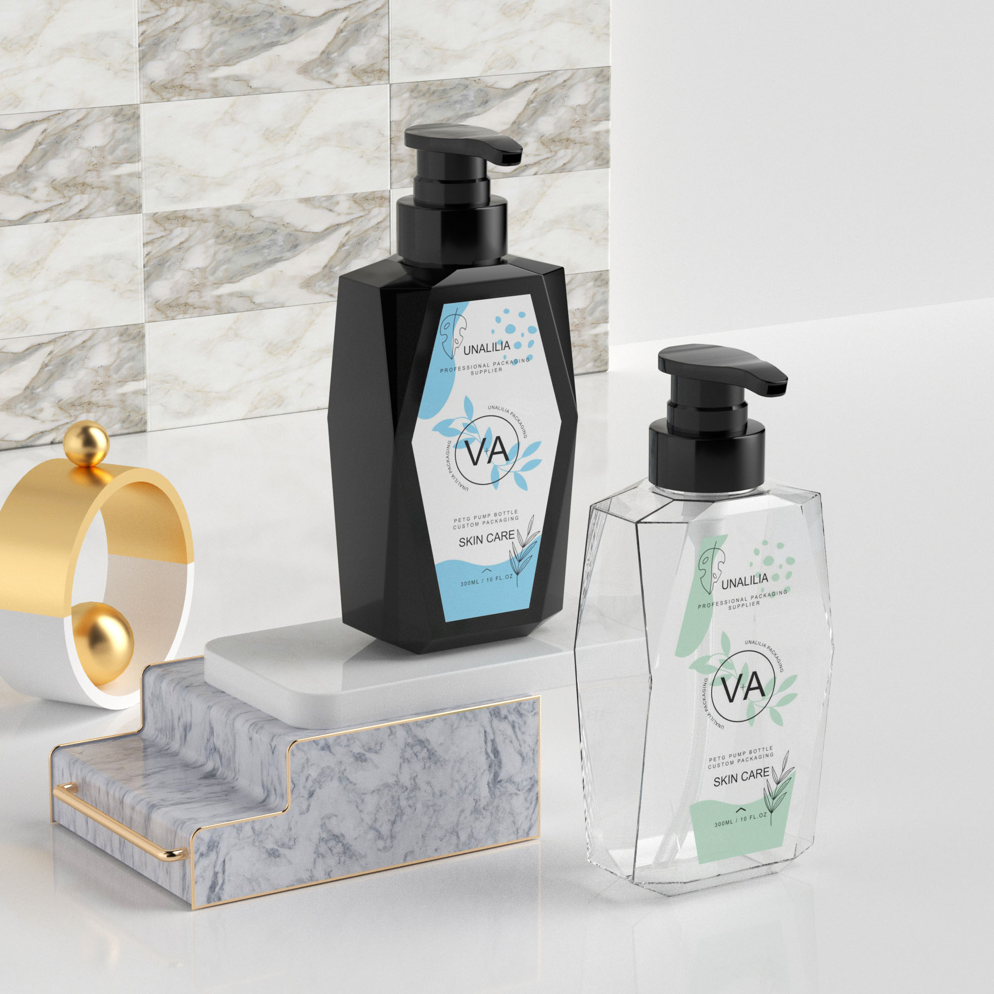 Custom 300ml 10oz Luxury Clear Black PETG Plastic Flat Pump Bottles for Lotion Shampoo Body Wash Hand Soap Cosmetic Packaging