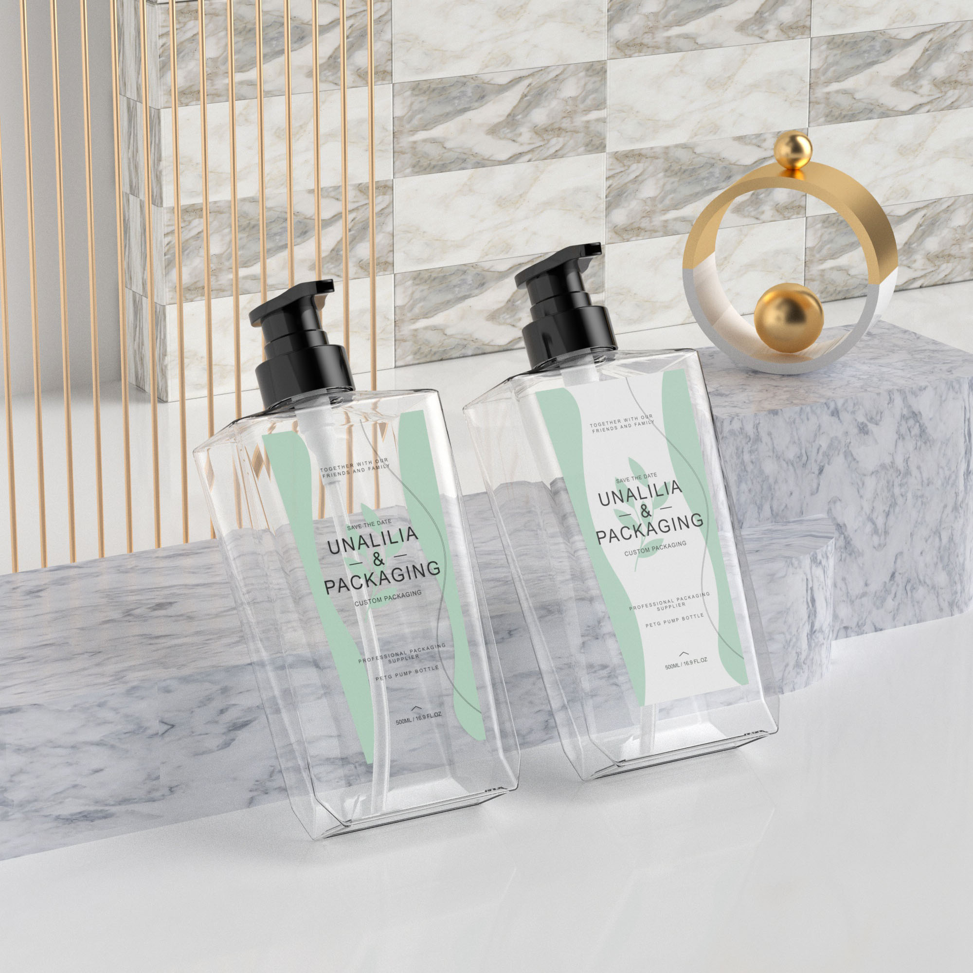 500ml 16.9oz Luxury Clear PETG Plastic Flat Pump Bottles for Shampoo Body Wash Hand Soap Cosmetic Packaging