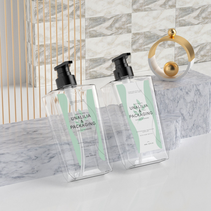 500ml 16.9oz Luxury Clear PETG Plastic Flat Pump Bottles for Shampoo Body Wash Hand Soap Cosmetic Packaging