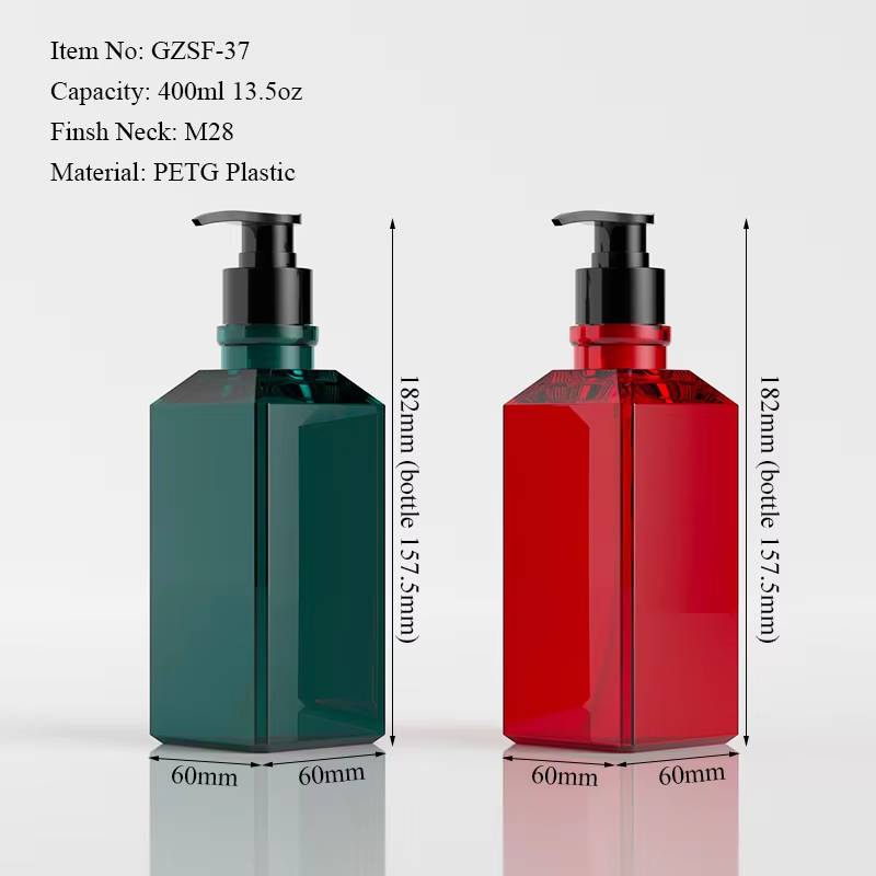 400ml 13.5oz Red Green PETG Plastic Square Bottles with Pump for Shampoo Hair Conditioner Body Wash Custom Packaging Wholesale