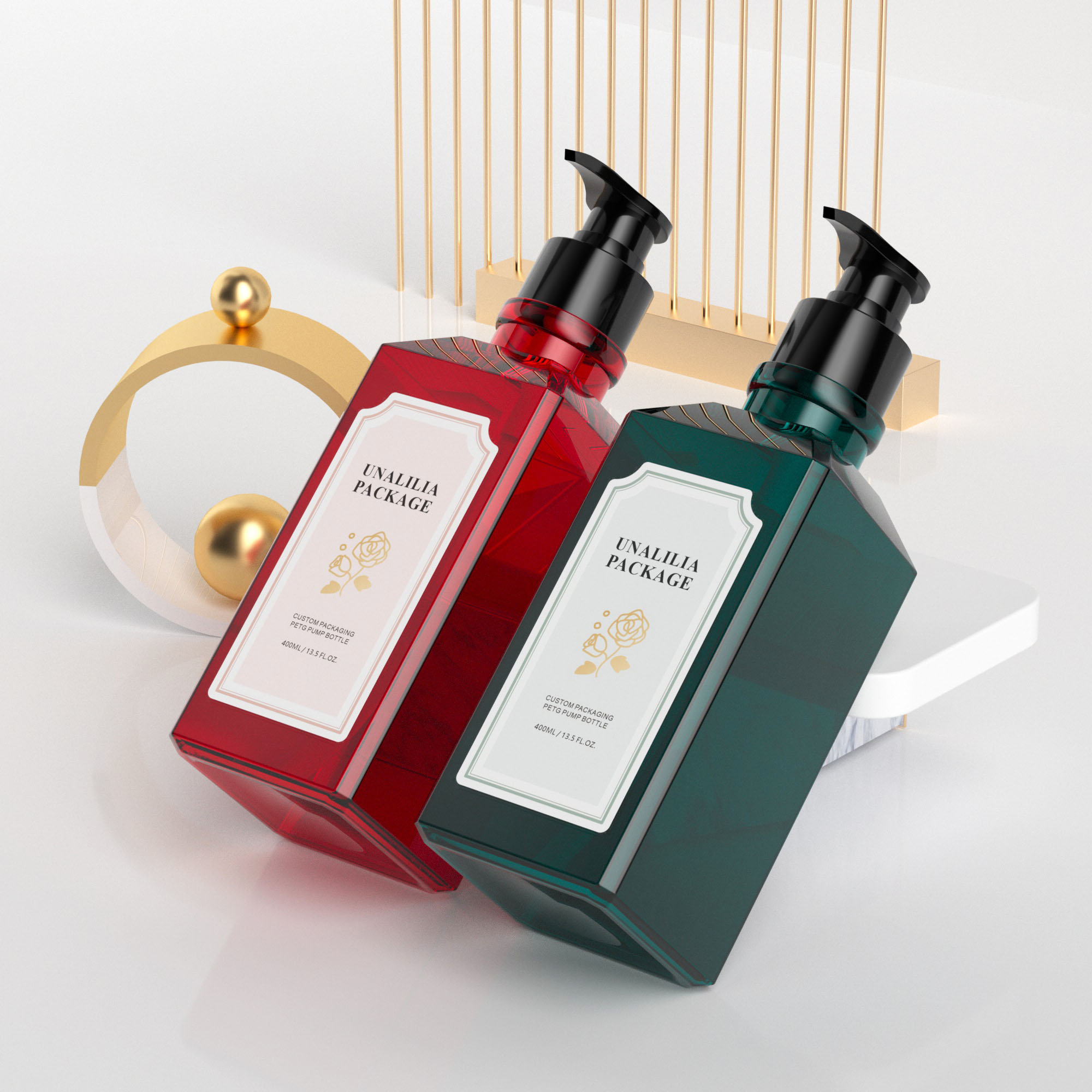 400ml 13.5oz Red Green PETG Plastic Square Bottles with Pump for Shampoo Hair Conditioner Body Wash Custom Packaging Wholesale
