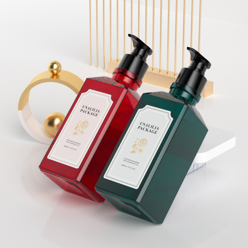 400ml 13.5oz Red Green PETG Plastic Square Bottles with Pump for Shampoo Hair Conditioner Body Wash Custom Packaging Wholesale