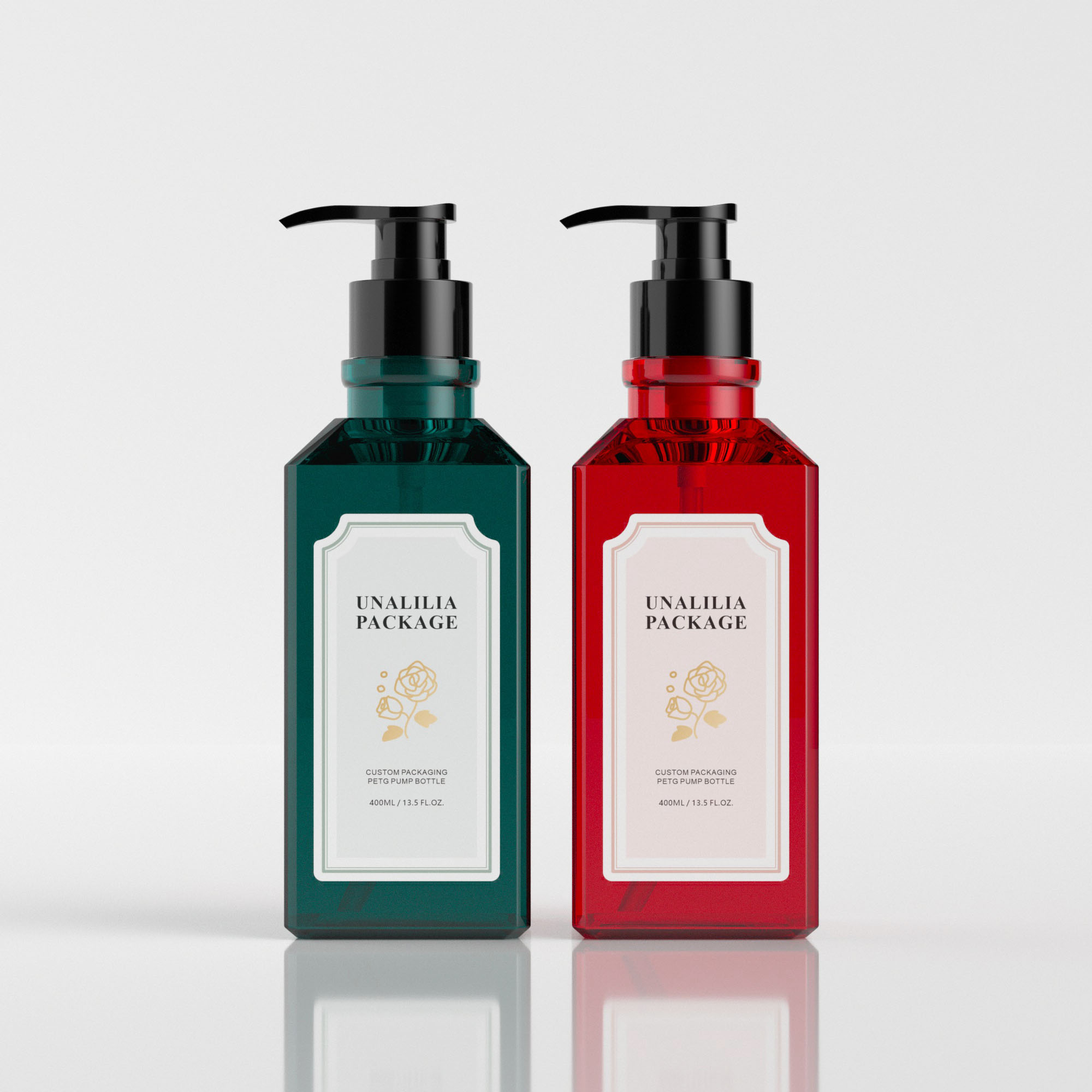 400ml 13.5oz Red Green PETG Plastic Square Bottles with Pump for Shampoo Hair Conditioner Body Wash Custom Packaging Wholesale