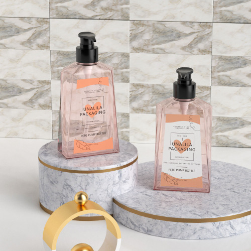 330ml 11oz Luxury Clear Pink PETG Plastic Flat Pump Bottles for Shampoo Body Wash Hand Soap Face Cream Cosmetic Packaging