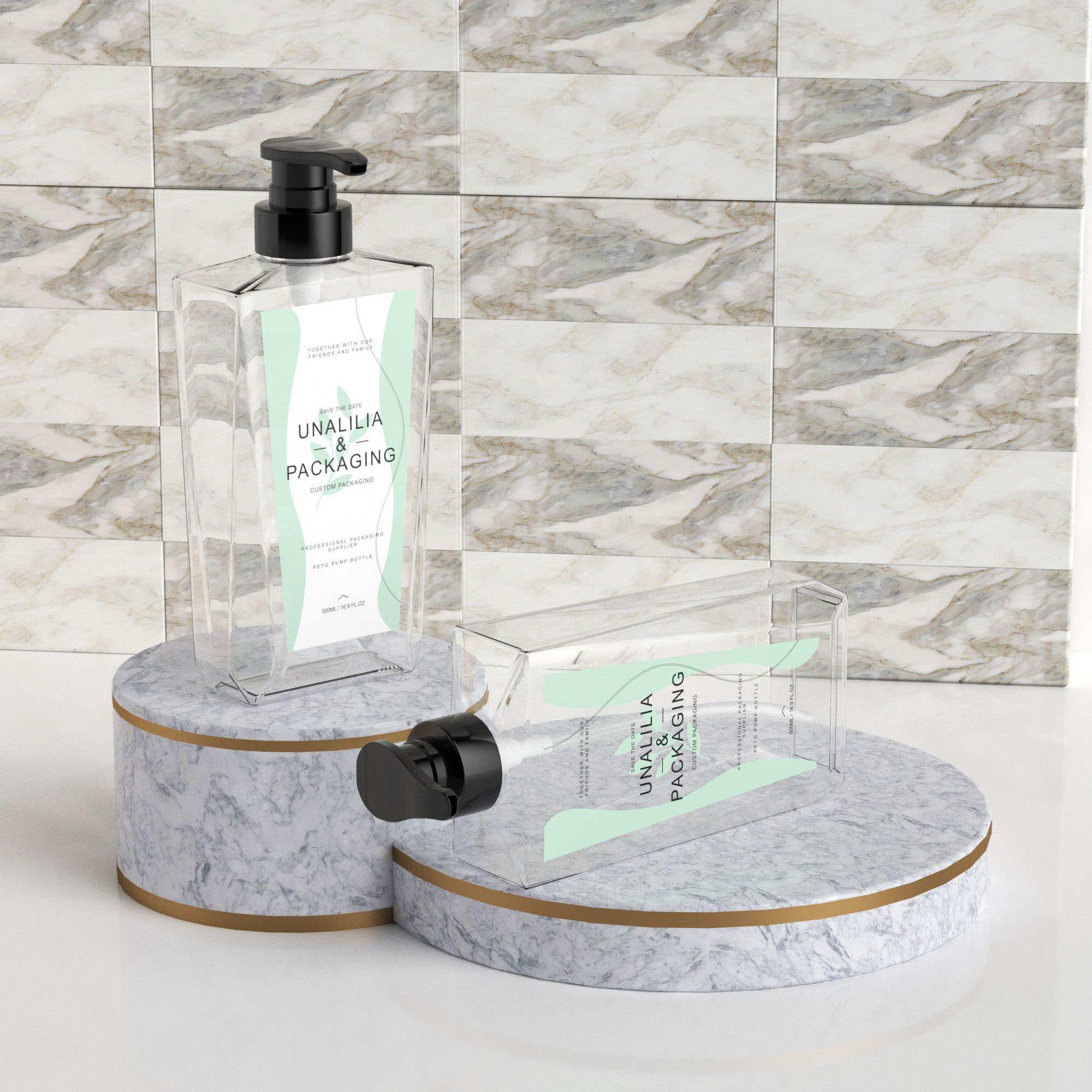 500ml 16.9oz Luxury Clear PETG Plastic Flat Pump Bottles for Shampoo Body Wash Hand Soap Cosmetic Packaging