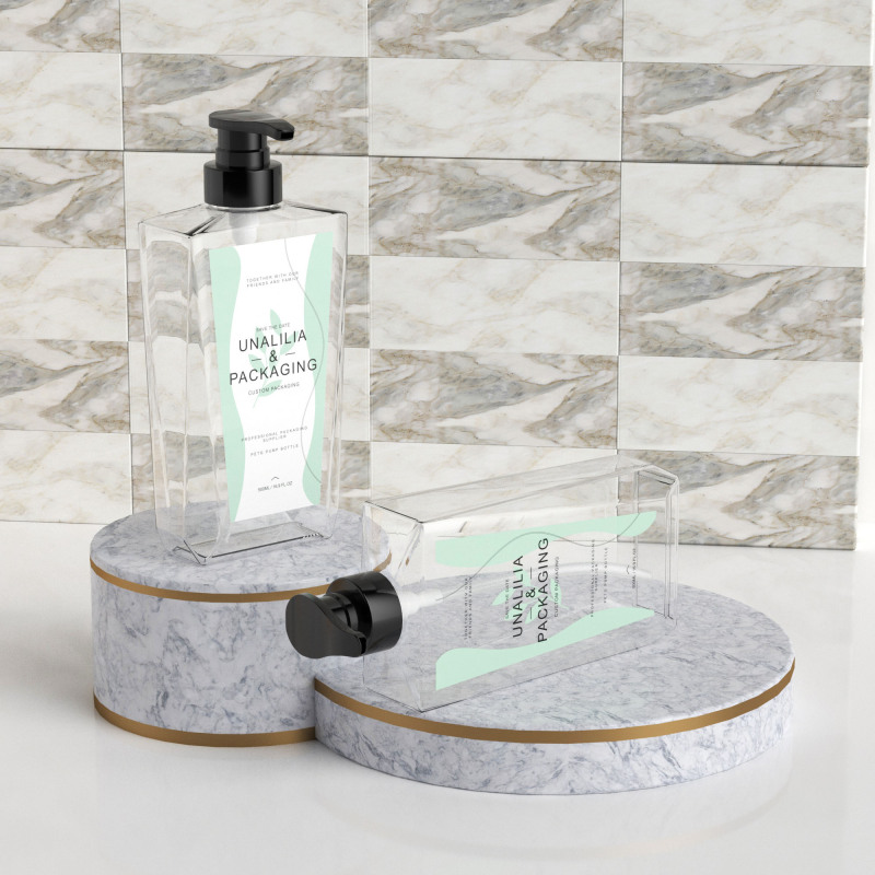 500ml 16.9oz Luxury Clear PETG Plastic Flat Pump Bottles for Shampoo Body Wash Hand Soap Cosmetic Packaging
