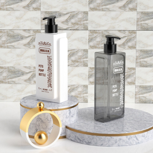 Custom 500ml Clear Gray Plastic Square Flat Pump Bottle for Shampoo Hair Conditioner Body Wash Personal Care Packaging Wholesale