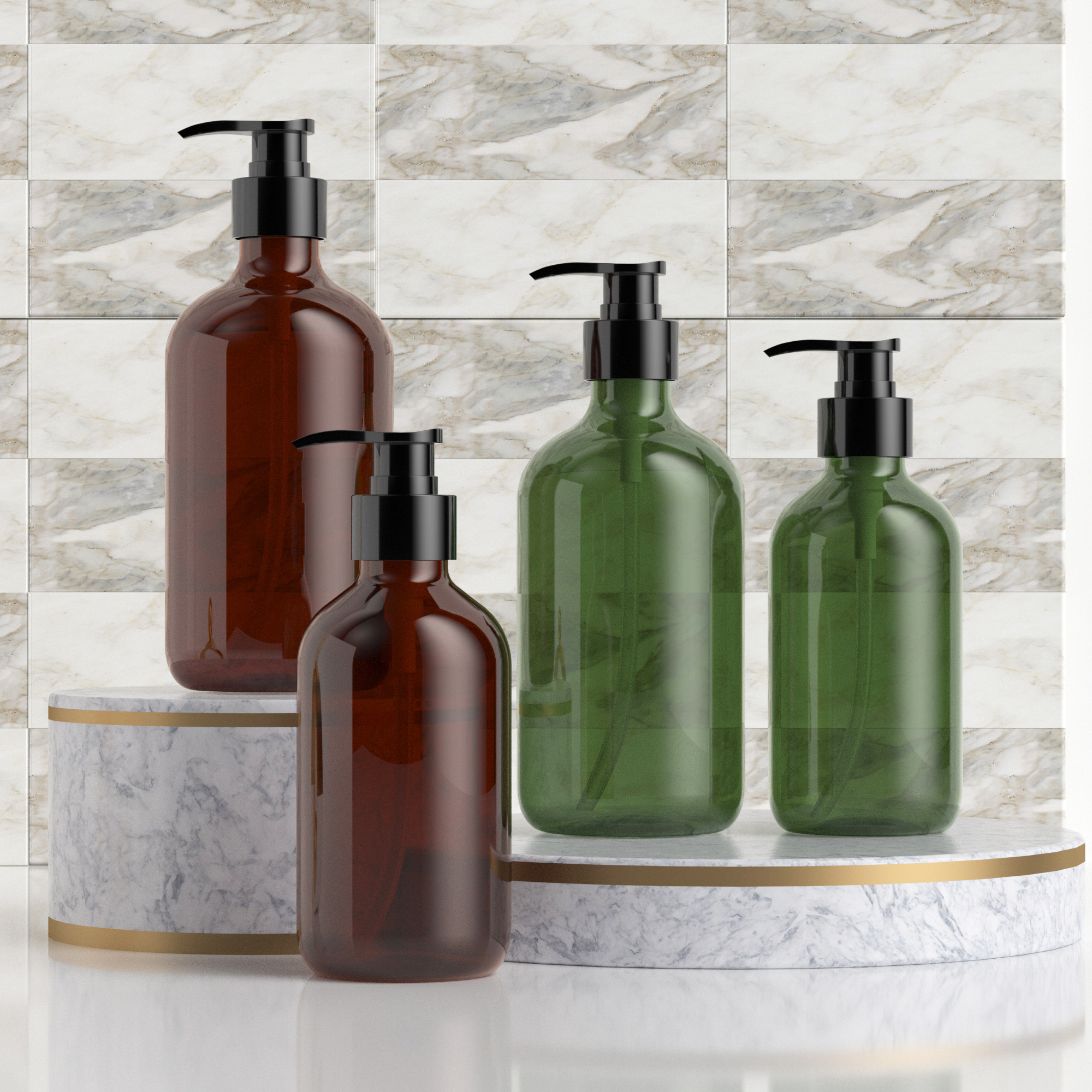 300ml 500ml Amber Green PET Plastic Round Pump Bottles for Shampoo Hair Care Conditioner Custom Packaging