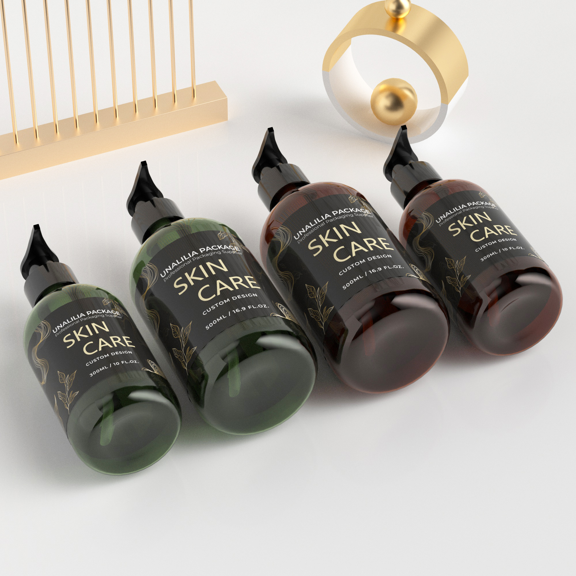 300ml 500ml Amber Green PET Plastic Round Pump Bottles for Shampoo Hair Care Conditioner Custom Packaging