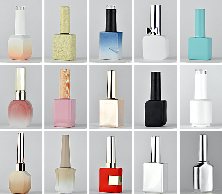 Nail polish bottles available: square bottles, 10ml and 15ml, light-proof empty nail polish bottles.