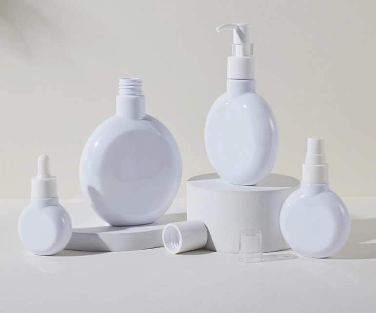 Round plastic bottles for lotion and cream, dispensing bottles, spray essence skincare pump bottles, PET plastic packaging materials