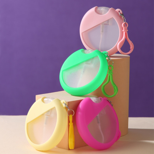 25ml round card perfume bottle with silicone protective sleeve and hook, plastic bottle set, portable travel decanter bottle