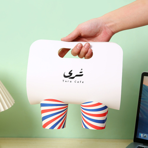 Custom Disposable Coffee Paper Cup Holder with Handle, Hot Drink Take Away Cardboard Cup Carrier, Bubble Tea Packaging Paper Holder