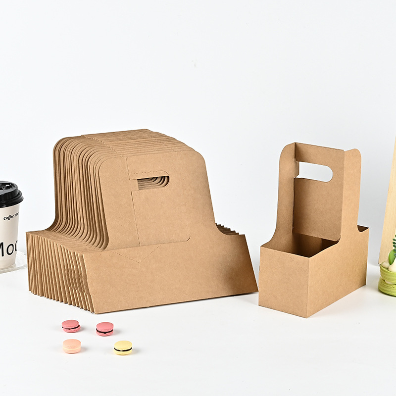 Foldable Kraft Paper Takeaway Drink Cup Holder, Portable Coffee & Milk Tea Cup Trays with Handle Wholesale