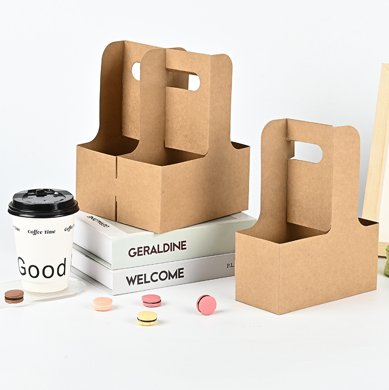 Foldable Kraft Paper Takeaway Drink Cup Holder, Portable Coffee & Milk Tea Cup Trays with Handle Wholesale
