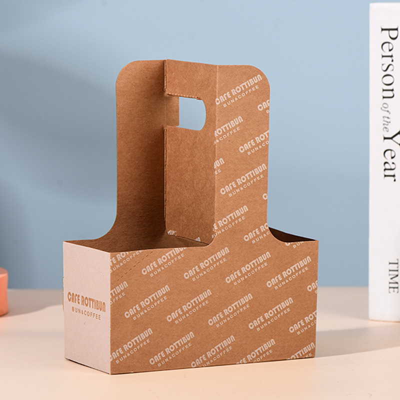 Disposable Kraft Paper Cup Holder with Handle, 2 or 4-Cup Drink Carrier for Hot/Cold Coffee & Bubble Tea, Takeaway Beverage Trays Wholesale
