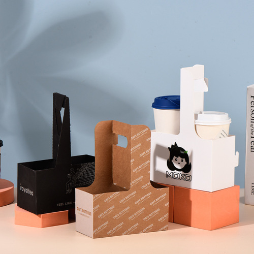 Disposable Kraft Paper Cup Holder with Handle, 2 or 4-Cup Drink Carrier for Hot/Cold Coffee &amp; Bubble Tea, Takeaway Beverage Trays Wholesale