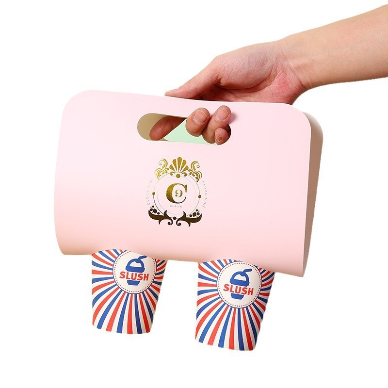 Custom Disposable Coffee Paper Cup Holder with Handle, Hot Drink Take Away Cardboard Cup Carrier, Bubble Tea Packaging Paper Holder