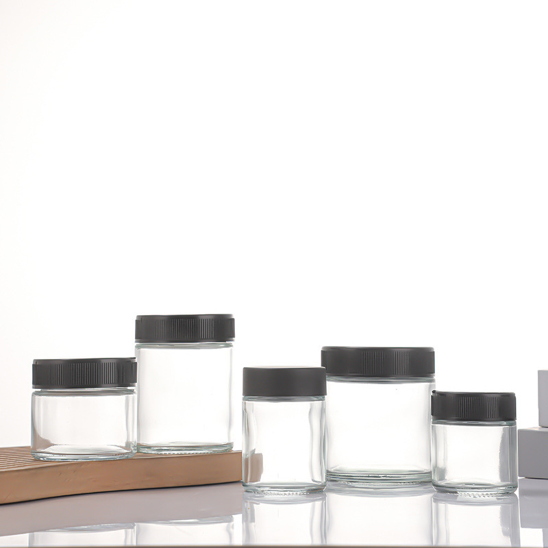 30-300ml Transparent Glass Straight-Sided Round Jar with Child Resistant Push-and-Turn Lid