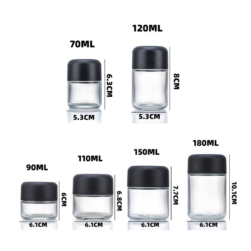 70-180ml Clear Round Glass Jar with Child Resistant Push-and-Turn Lid