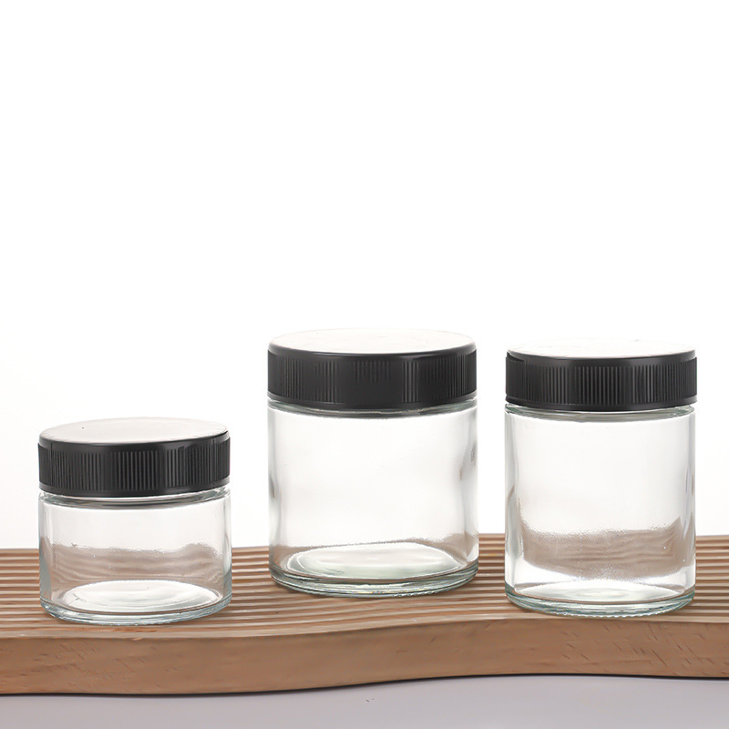 30-300ml Transparent Glass Straight-Sided Round Jar with Child Resistant Push-and-Turn Lid