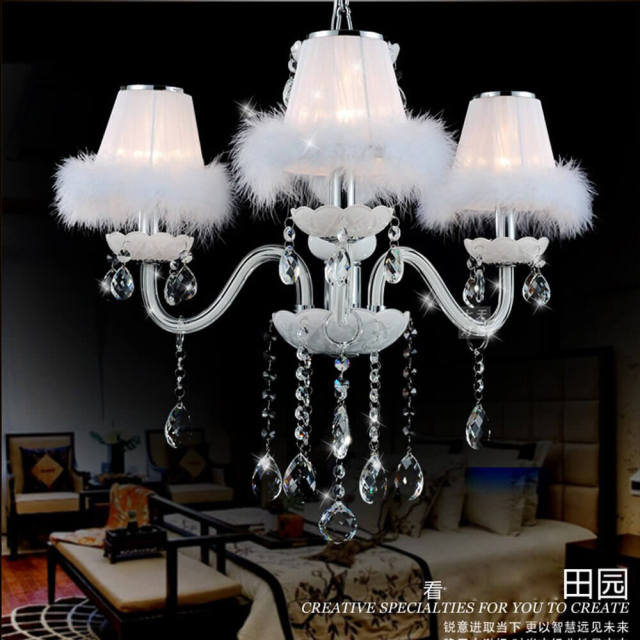 Romantic Princess Room Crystal White Feathers Chandelier Fashion Living Room Hanging Lights Bedroom Drop Lamp Lightings