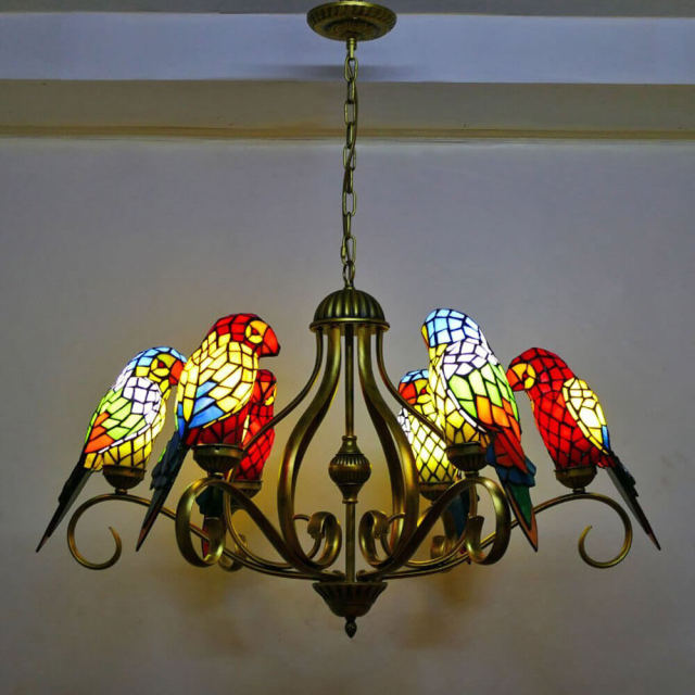 Tiffany Dining Room Glass Parrots Chandelier Lamp Mediterranean Restaurant Hanging Lamp Bar Counter Birds Hanging Lights Cafe House Drop lights