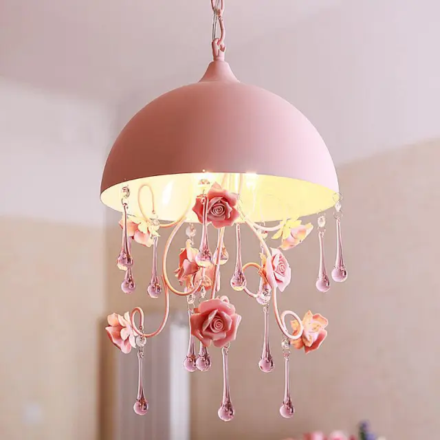 Crystal Pendant Light Creative Pink Flower Pendant Lighting for Princess Room Corridor