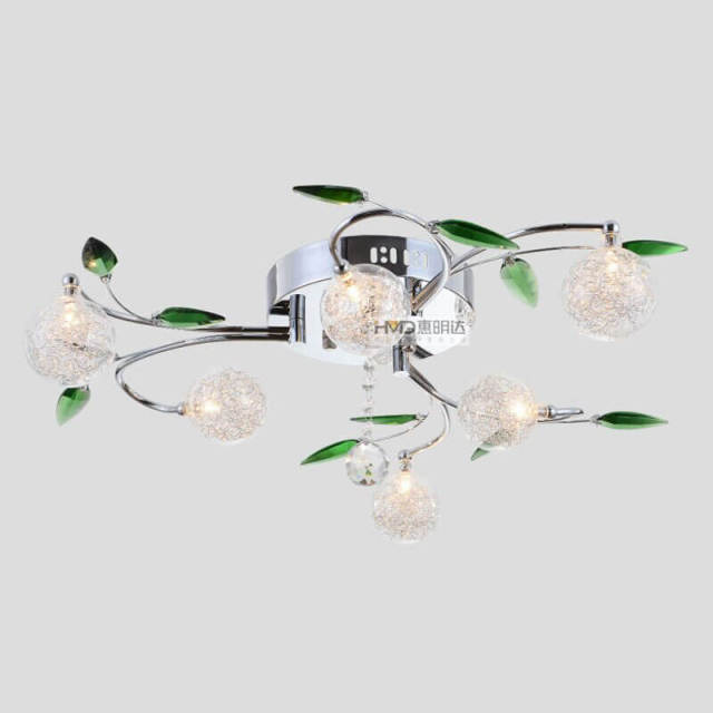 Modern Glass Ball Aluminum Wire Parlor Ceiling Lamp Stainless Steel Top Green Crystal Leaf Living Room Bedroom Ceiling Lamps