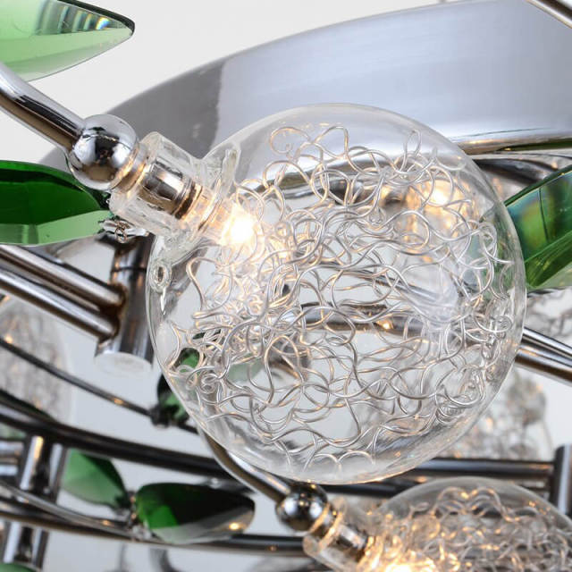 Modern Glass Ball Aluminum Wire Parlor Ceiling Lamp Stainless Steel Top Green Crystal Leaf Living Room Bedroom Ceiling Lamps