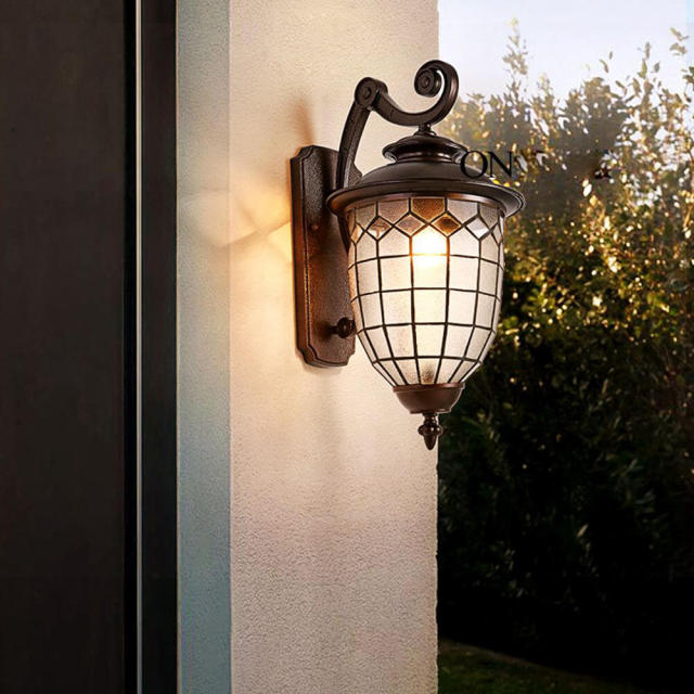 Bronze Vintage Outdoor Porch Wall Lights Water-Proof Garden White rhomboids Glass shade Corridor Hallway Balcony Wall Lighting