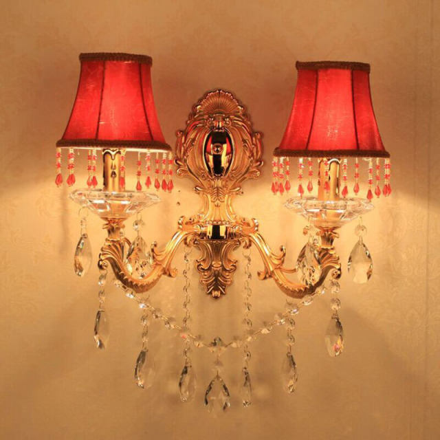 European Gold Carved Alloy Fabric Crystal Corridor Wall Lights Bedroom Bedsides Wall Sconces Candle Style Living Room Wall Light