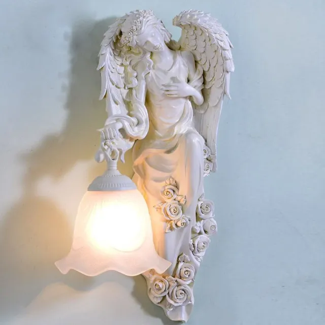 European Resin Wings Angel Corridor Wall Lamp Bedroom Bedsides Goddess Wall Sconce Glass lampshade Balcony Porch Hallway lamps