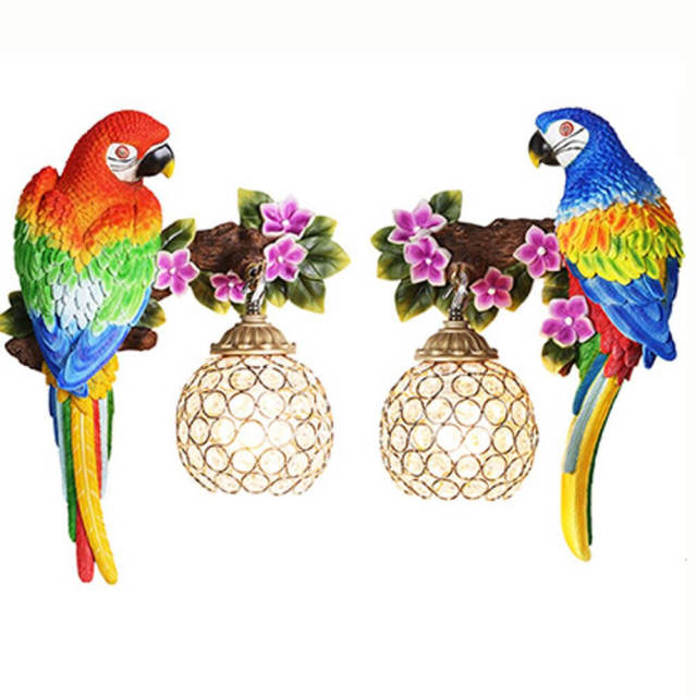 American Resin Colorful Parrot Living Room Wall Light Hallway Corridor Crystal Shade Bedroom Bedsides Wall Lamp European Balcony wall lamp