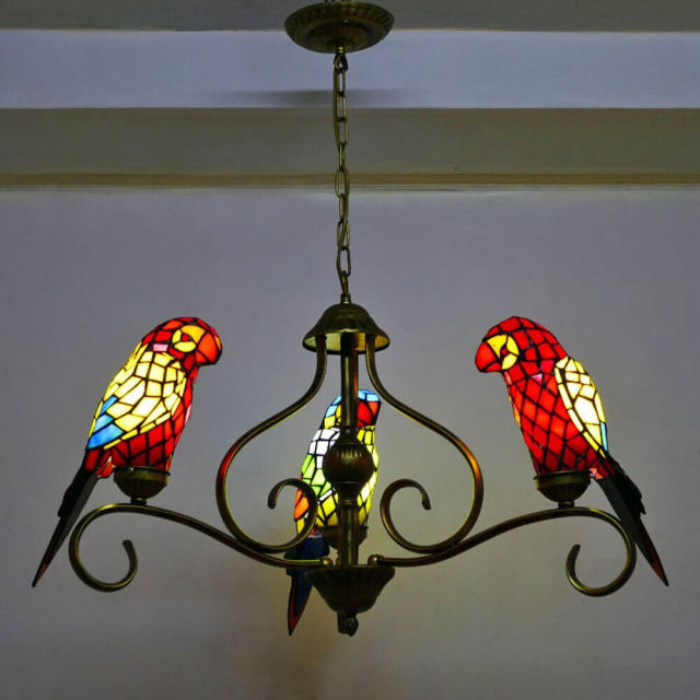 Tiffany Dining Room Glass Parrots Chandelier Lamp Mediterranean Restaurant Hanging Lamp Bar Counter Birds Hanging Lights Cafe House Drop lights