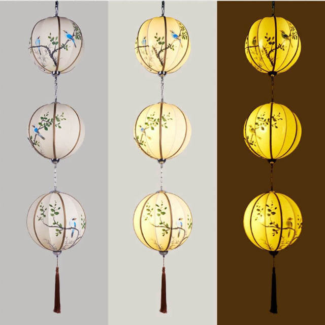 Chinese Hand-Painted Pumpkin Restaurant Pendant Light Balcony Corridor Hanging Lamp Pastoral Birds Bedroom Pendant Lamps